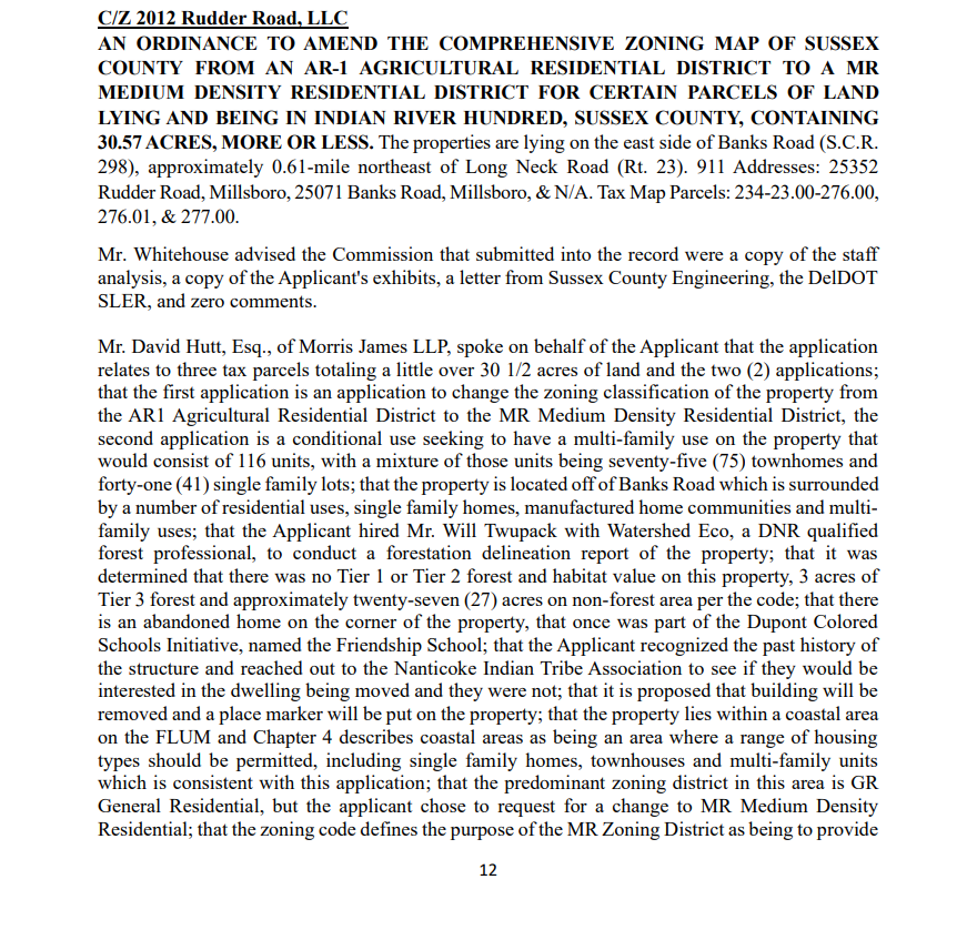 A portion of the Sussex County Council P&Z Meeting minutes regarding the DuPont Friendship School in Long Neck